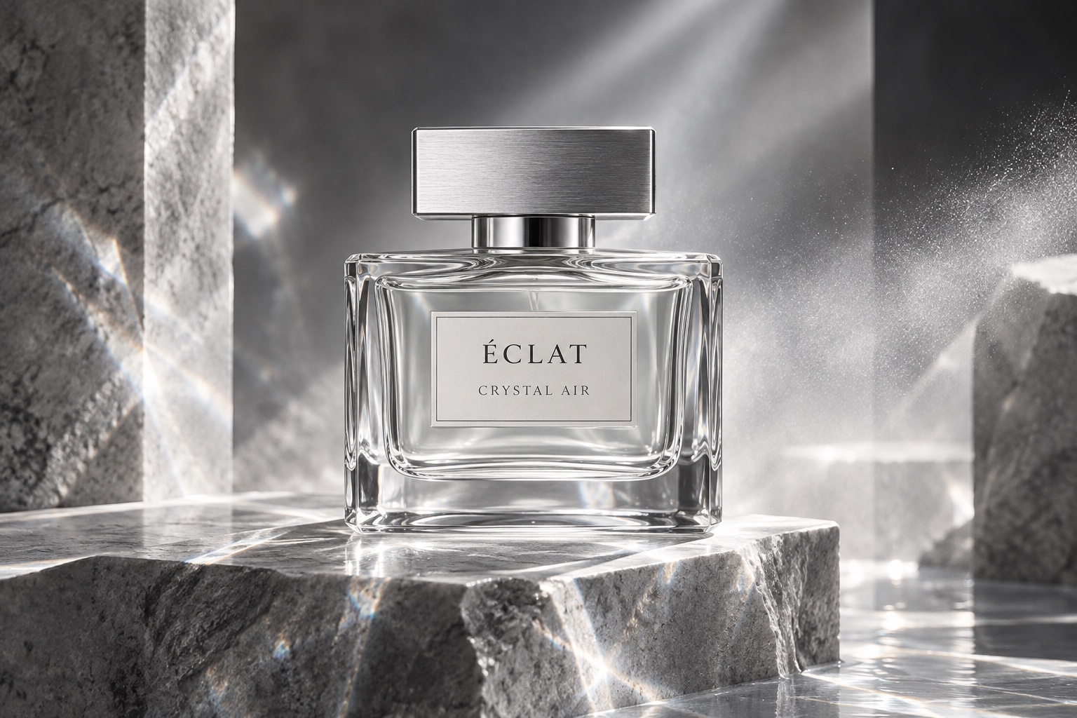 Crystal Air in clear glass on a pale mineral plinth with refracted light