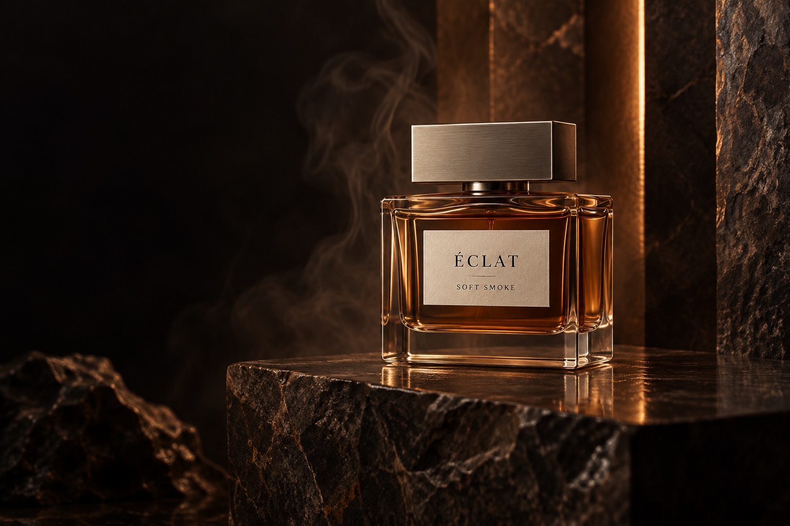 Amber Soft Smoke perfume on dark stone with warm copper light and a trace of haze